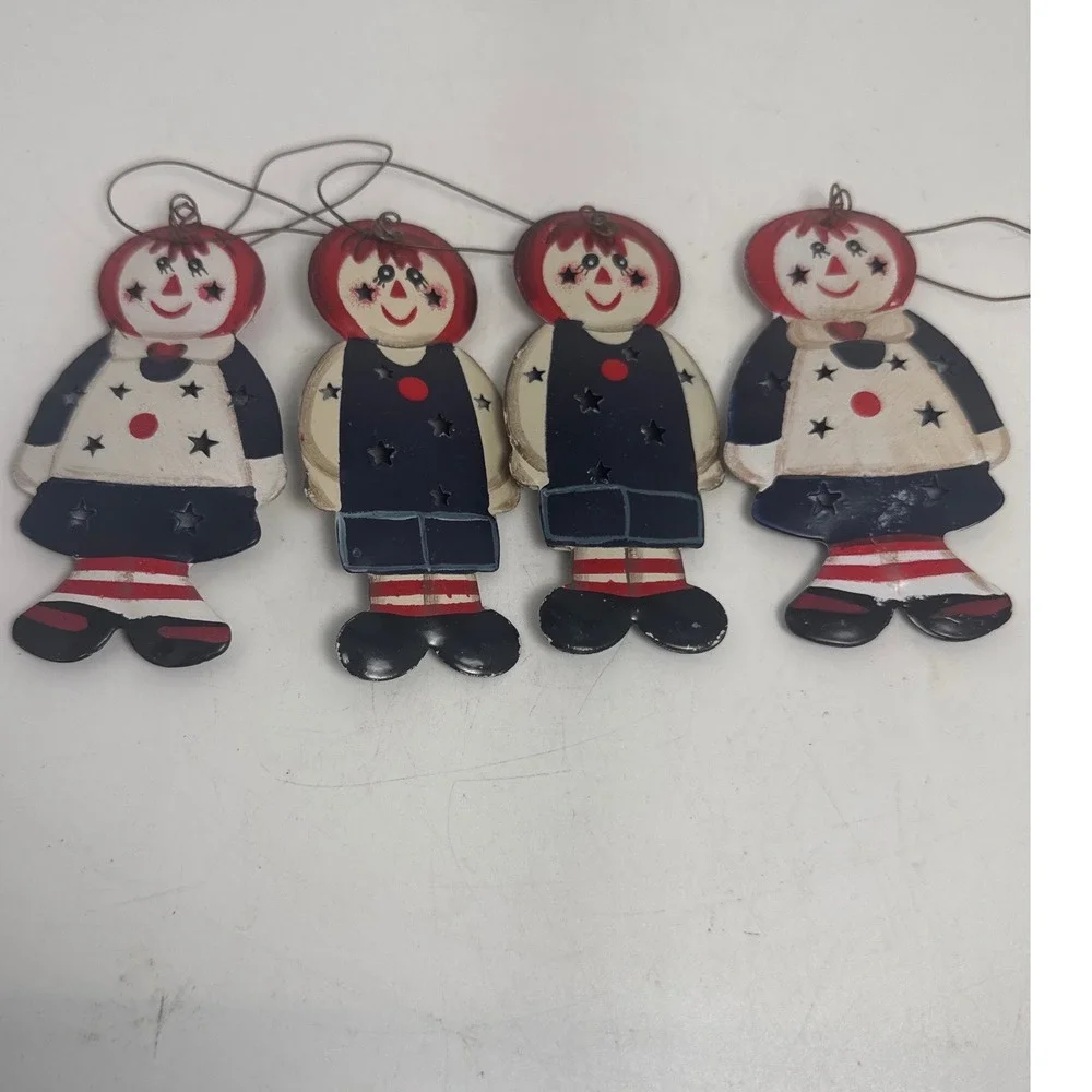Raggedy Ann Andy Tin Ornaments Unisex OS Red White Blue Excellent Set 4